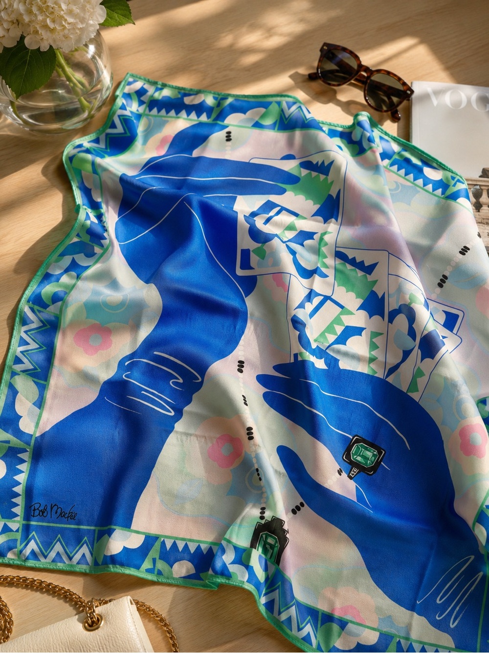 Bob Mackie Silk Scarf Lady Playing Cards in Blue Gloves print Knickerbocker